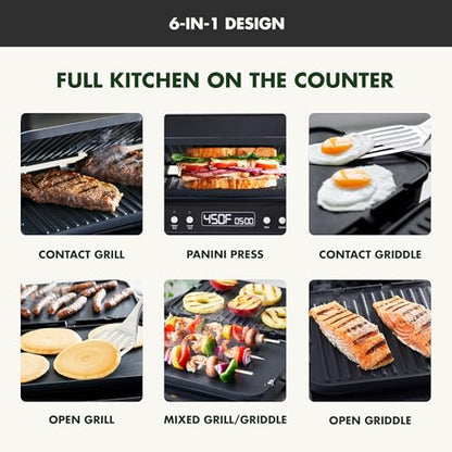 GreenPan 6-in-1 Multifunction Removable Plate Indoor Grill & Electric Griddle, Diamond Infused PFAS Free Ceramic Nonstick Reversible Plates, Opens Flat, Adjustable Temp, Panini Press, Black