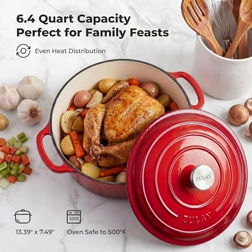 Zulay Kitchen 6.4QT Enameled Cast Iron Dutch Oven Pot with Lid, Heavy-Duty Soup Pot for Stews, Braising, Roasting & Sourdough Bread Baking, Oven Safe up to 500°F - Ablaze Red