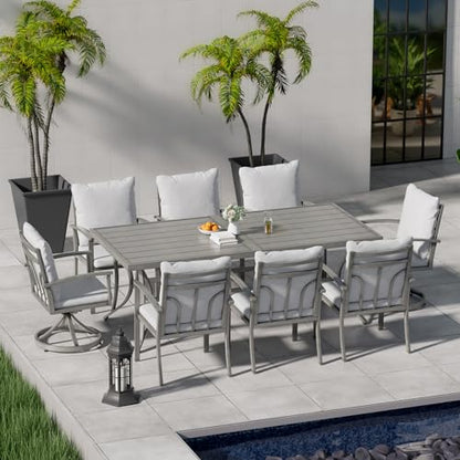 HAPPATIO 9-Piece Patio Outdoor Dining Set - All Aluminum Patio Table and Chairs Set for 8 Includes 1 Rectangular Table, 6 Dining Chairs, and 2 Swivel Chairs with Cushions for Lawn, Garden