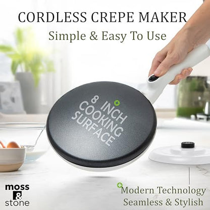 Moss & Stone Cordless Electric Crepe Maker, 8" Portable Nonstick Crepe Pan