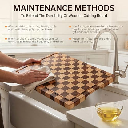 THETCHRY Cutting Boards for Kitchen, Checkered Cutting Board Upgraded, Acacia Wood Chopping Board with Juice Grooves & Handles, Large Butcher Block Serving Tray with Gift Box, 17"X12"X0.8"