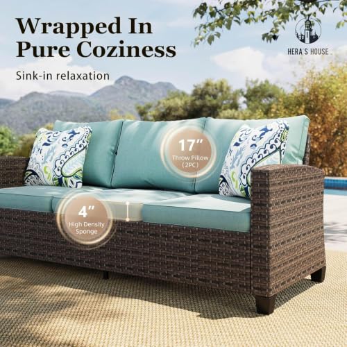 HERA'S HOUSE 8-Piece Wicker Patio Furniture Set with Fire Pit, 9-Seat, Blue