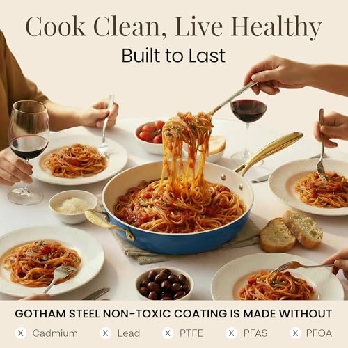 Gotham Steel 14 Inch Non Stick Frying Pans, Family Sized Non Stick Skillet, Large Frying Pan Nonstick Frying Pan, Induction Pan, Nonstick Pan for Cooking, Oven Safe Skillet, Dishwasher Safe–Cream Navy