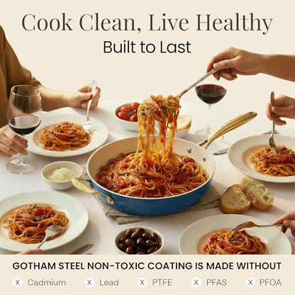 Gotham Steel 14 Inch Non Stick Frying Pans, Family Sized Non Stick Skillet, Large Frying Pan Nonstick Frying Pan, Induction Pan, Nonstick Pan for Cooking, Oven Safe Skillet, Dishwasher Safe–Cream Navy