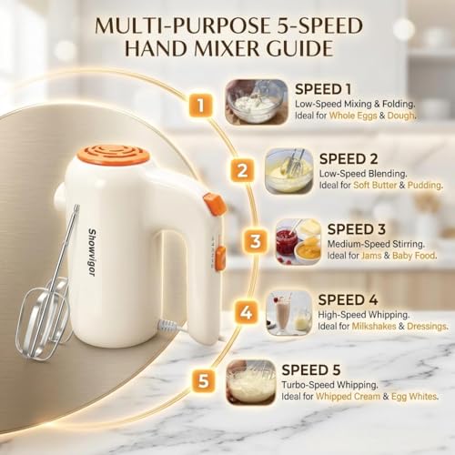 Hand Mixer, 5-Speed Electric Whisk with Turbo Boost Includes 5 Stainless Steel Attachments - Great Stand Mixer Alternative for Baking Cakes, Bread & More
