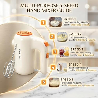Hand Mixer, 5-Speed Electric Whisk with Turbo Boost Includes 5 Stainless Steel Attachments - Great Stand Mixer Alternative for Baking Cakes, Bread & More