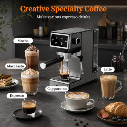 SECPOEDR 20Bar Espresso Machine with Poweful Milk Frother Rapid Cold Brew, Easy to Use Compact Espresso Maker, Fast Heat 1350W Barista-Quality Home Cappuccino Latte Machine,45oz Water Tank, Silver