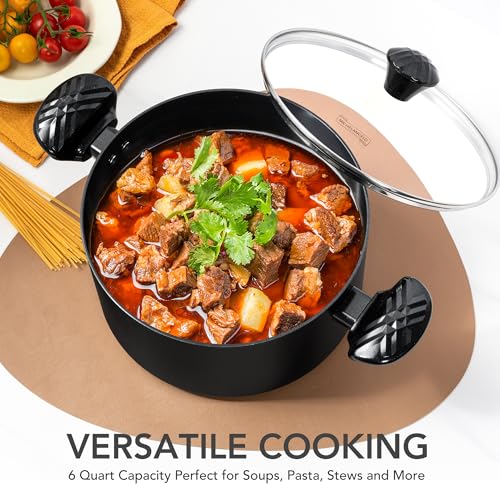 MICHELANGELO Stock Pot with Lid, 6 Quart Soup Pot with Lid, Nonstick Ceramic Cooking Pot with Stay-Cool Handle, Induction Compatible - 6QT, Black