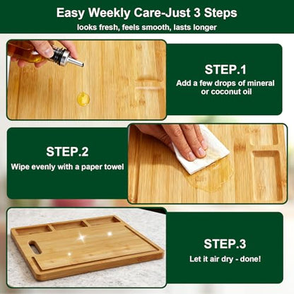 Bamboo Cutting Board with 3 Compartments: 17" Large Double-Sided Chopping Board with Juice Groove, Mess-Free Meal Prep for Meat, Vegetables & Fruits