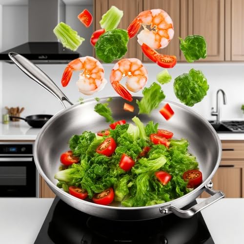 DELARLO Tri-Ply Stainless Steel Pan, 18/10 Frying Pan, Oven Safe Up to 600°F, Nontoxic Cookware, Compatible with All Cooktops Skillet, Durable, Fast Even Heat Fry Pan,Large 14.2 Inch Frying Pan
