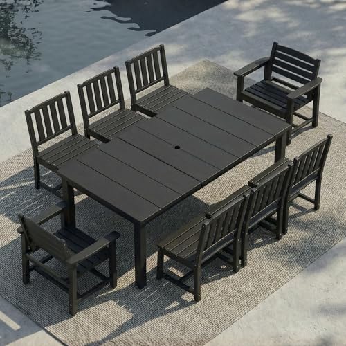 Patio Kingdom 9-Piece Outdoor Dining Set for 8, 75.2" HDPE Table with Umbrella Hole & 8 Chairs, All-Weather Patio Furniture for Lawn, Yard, Deck, or Poolside, Fade & Crack Resistant (Black)