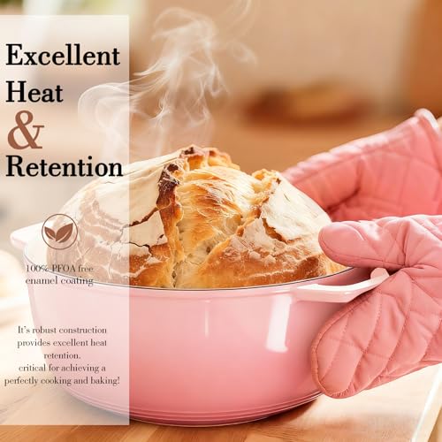 Umite Chef 6QT Enameled Cast Iron Dutch Oven with Lid, Versatile Heavy-Duty Cookware Pot for Baking Bread, Braising, Soups & Stews, Oven & Stovetop Safe with Heat Resistant Gloves(Pink)