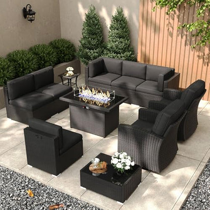 KHOLH Patio Furniture Set with Fire Pit Table, 11 Pieces Outdoor All-Weather Wicker Conversation Sectional Chair Sofa Set with 2 Swivel Chairs