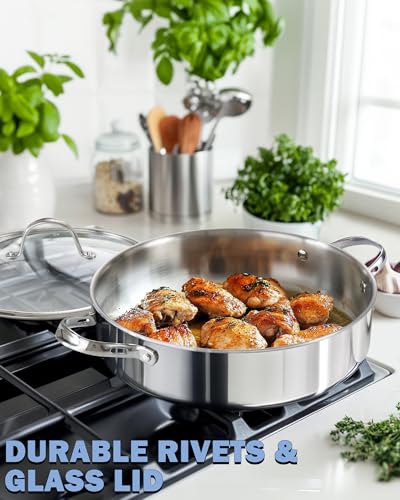 Cooks Standard 5.5-Quart Multi-Ply Clad Stainless Steel Deep Sauté Pan, 12-inch Frying Pan, Large Skillet with Lid Chef Induction Cookware, Stay-Cool Handle