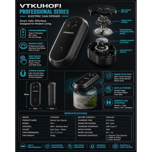 Rechargeable Electric Can Opener, Handsfree Automatic Can Opener Electric, Side Cut Smooth Edge, Magnet Lid Lifter, Stainless Steel Professional-Grade Blade, for Elderly and Arthritic Users