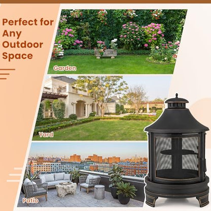 Giantex 2 in 1 Outdoor Fire Pit with Grill, 30 Inch Metal Chiminea, Wood Burning Fireplace with Chimney, Spark Screen Door & Fire Poker, Patio Firepit for Garden, Backyard, BBQ