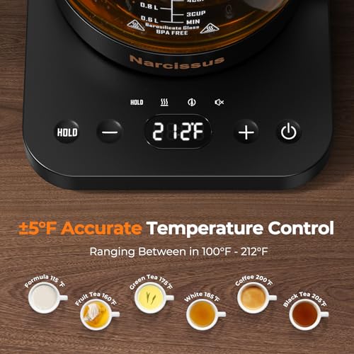 Narcissus Electric Kettle Temperature Control ±5℉, 1.8L Glass Electric Tea Kettle with Removable Infuser for Flowers & Fruit Tea, 1200W Fast Boiling, 6 Hours Keep Warming, Black