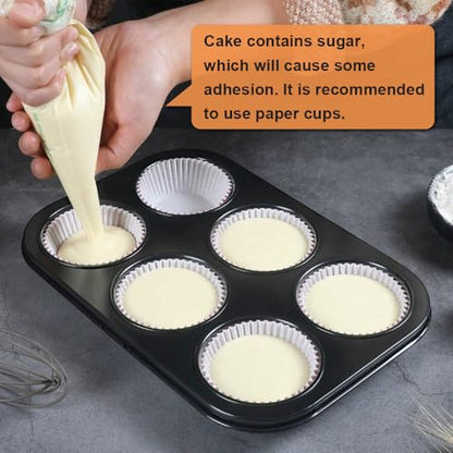 ASBAYSON 2 Packs Premium Steel Muffin Pan for Baking, Round Muffin Baking Pan, Baking Tray for Muffins, Cupcakes, Brownie(Black, 6 Cup)