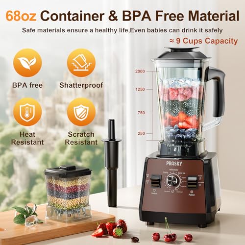 Blenders for Kitchen, Smoothie Blender, 2400W/1000W Prasky Blender & Grinder Combo, 25,000 RPM High Speed, 68oz BPA-Free Food Processor, Countertop Blender for Smoothies, Shakes & Food (Brown,2L)