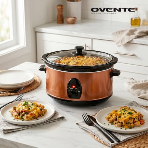 OVENTE Electric Slow Cooker with 3 Cooking Settings, Non-Stick and Dishwasher Safe Stoneware, Stainless Steel Body, Glass Lid, 3.7 Qt Oval Pot for Entrees, Soups, Sauces, Stews & Dips, Copper SLO35ACO