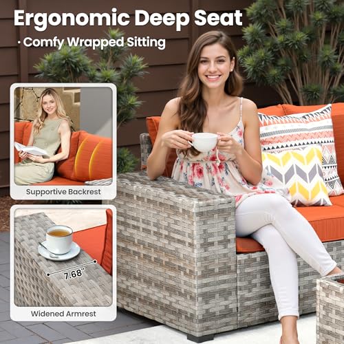 ovios 9 Pieces Patio Furniture Set, Outdoor Wicker Sectional Sofa Couch with 2 Swivel Chairs Coffee Table, Modern Modular Deep Seat Rattan Conversation Sets, Orange Red