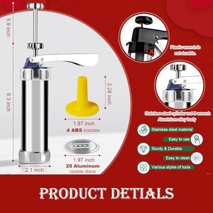 Cookie Press Gun with 20 Discs & 4 Tips - Cookie Maker Machine for Spritz Cookies, Baking & Cake Decorating | Includes Cheese Press Function | Great Gift for Christmas Thanksgiving Holidays