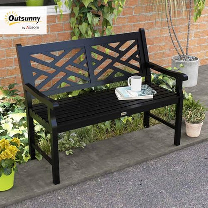 Outsunny Outdoor Garden Bench, Wooden Frame Patio Bench with Geometric Pattern, 43.25 Inch Weatherproof 2-Person Love Seat for Garden, Lawn, Porch, Yard, Work Entryway, Black