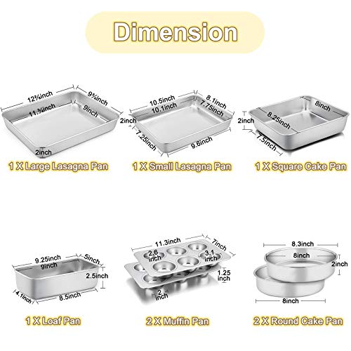 TeamFar Stainless Steel Bakeware Set of 8, Baking Roasting Toaster Oven Pans, Lasagna/Square/Round Cake Pan, Loaf Pan & Muffin Pan, Non-Toxic & Sturdy, Smooth & Dishwasher Safe