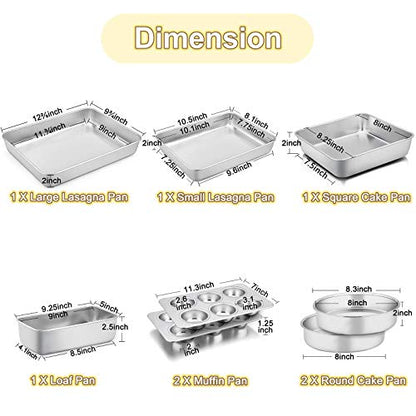 TeamFar Stainless Steel Bakeware Set of 8, Baking Roasting Toaster Oven Pans, Lasagna/Square/Round Cake Pan, Loaf Pan & Muffin Pan, Non-Toxic & Sturdy, Smooth & Dishwasher Safe
