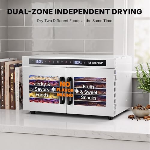 WILPREP Dual-Zone Food Dehydrator for Jerky, 12-Tray, 13 sq ft Food Dryer with Independent Control & 86–185°F Temp Range, Stainless Steel Dehydrator for Homemade Jerky Fruit Herbs Snacks