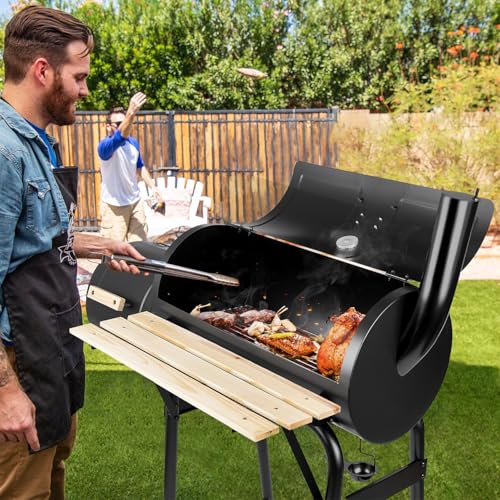 HALNYHYFD Charcoal Grills with Offset Smoker & Thermometer, Barrel BBQ Grill & Smoker Combo, Spacious Barbecue Grill for Outdoor Backyard Camping Parties
