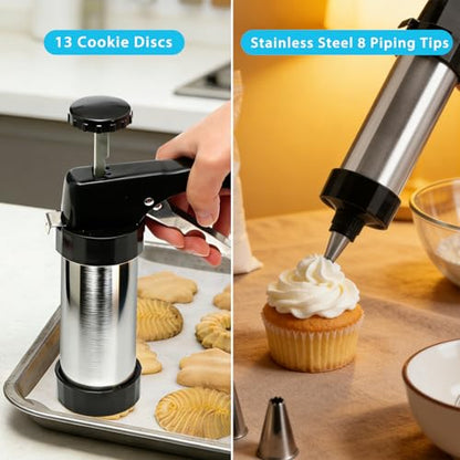 Stainless Steel Cookies Press,Cookie Press Gun Kit with 13 Cookie Discs and 8 Piping Tips for DIY Various Cookies Maker