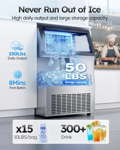 Mojgar Commercial Ice Maker 150lbs/24H with 50lbs Storage Bin 2 Water Inlet