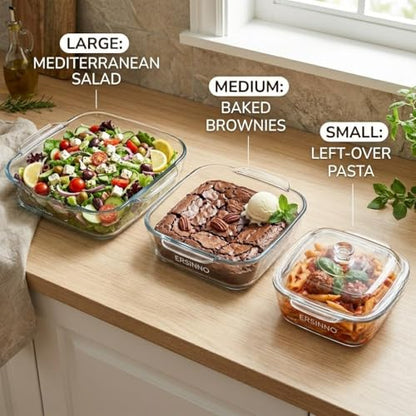 ERSINNO 3-Piece Borosilicate Glass Baking Dish Set - Nestable Square Casserole Dish for Oven, Microwave, Freezer - 752°F Heat Resistant, Clear Glass Roasting Pans for Lasagna, Leftovers, Meal Prep（1 QT,1.2 QT,2 QT)
