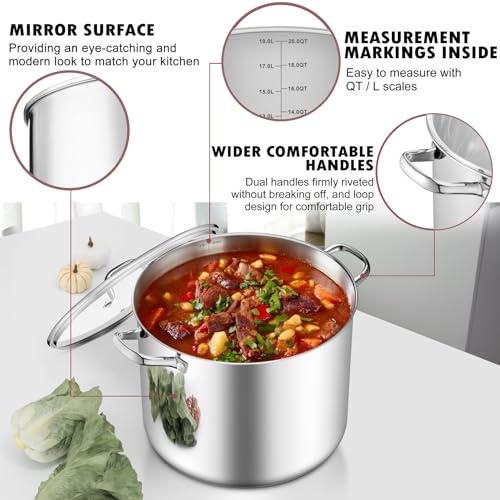 TeamFar 20QT Stock Pot, Stainless Steel Stockpot Large Induction Cooking Pot with Lid & Tri-ply Bottom, for Soup Seafood Cooking, Sauce Canning, Non Toxic & Heavy Duty, Various Stovetops Suitable