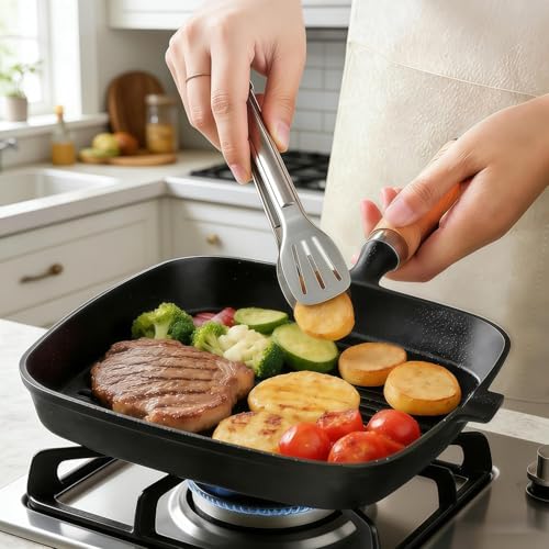 JSY Sun Cast Iron Grill Pan, 9 Inch Griddle Pan with Kitchen Tong & Oil Brush, Gilling Skillet with Pour Spout & Grill Lines for Searing Steak, Stove Tops Gas Induction Campfire Compatible, PFOA Free
