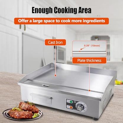 ExGizmo 22" Commercial Electric Griddle,Electric Countertop Flat Top Griddle,110V 1600W Electric Flat Top Grill,Non-Stick Restaurant Teppanyaki Stainless Steel Grill,Adjustable Temperature Control