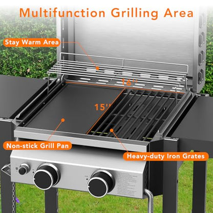 Electactic Propane Gas BBQ Grill 2-Burner Barbecue Grills with Cast Iron Frying Pan and Grates Combo, 16000 BTU Output Stainless Steel Grill for Outdoor Cooking, Patio, Backyard Party