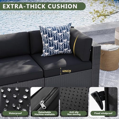 Aoxun 7 Piece Patio Furniture Set, Wicker Rattan Patio Sectional Sofa, Outdoor Furniture Set with Thickened Cushion, Black