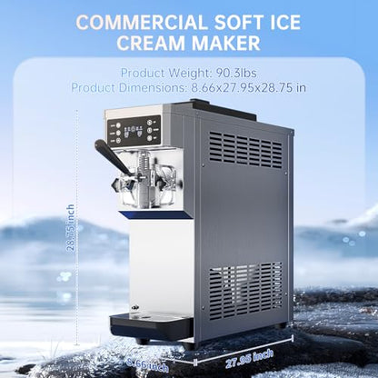 Commercial Ice Cream Maker Machine 1200W Single Flavor Soft Serve Ice Cream Machine 3.2 to 4.2 Gal/H 110V Ice Cream Machine with Pre-Cooling, Auto Clean, 6L Hopper for Restaurant Snack Bar