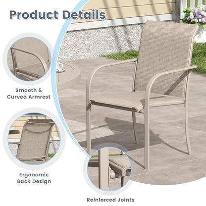 VICLLAX 11 Pieces Patio Outdoor Dining Set, 63" Round Metal Table with Umbrella Hole and 10 Stackable Textilene Chairs for Patio, Lawn, Garden, Porch, Sandshell