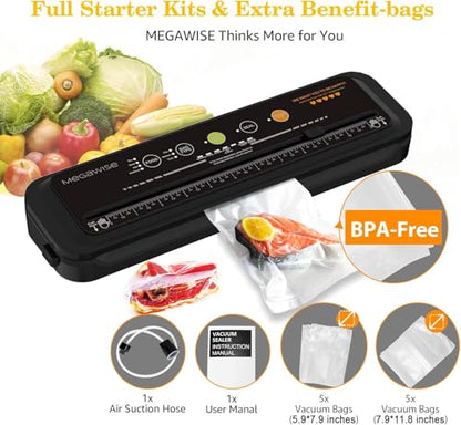 Updated Vacuum Sealer Machine，MEGAWISE Food Sealer w/Starter Kit (Black)
