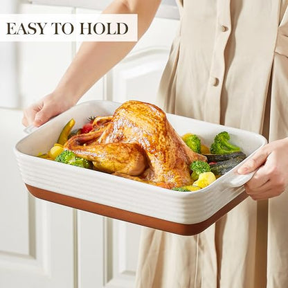 MALACASA Baking Dish 4.8 Qt Ceramic Casserole & Lasagna Pan, 9x13 Inch Deep Rectangular Oven Safe Dish with Handles for Baking, Roasting, Serving (Khaki & White) - Series Tara