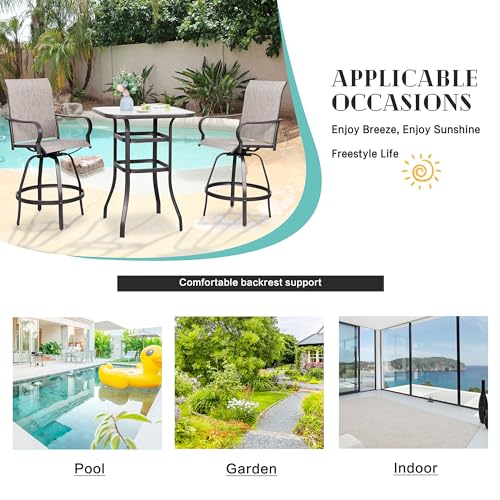 Vongrasig 5 Piece Patio Swivel Bar Set, All Weather Mental Textilene High Swivel Bar Stools Chair Set of 4 and Glass Bar Table, Outdoor High Top Bistro Set for Lawn Garden, Balcony, Taupe