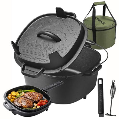 HITROCK Cast Iron Camp Dutch Oven with Legs 9QT, Pre-Seasoned Camping Dutch Oven with Lid, Outdoor Pot with Lid Lifter, Storage Bag & Handle for Camping, Baking, Grilling, Rounded-square Shape