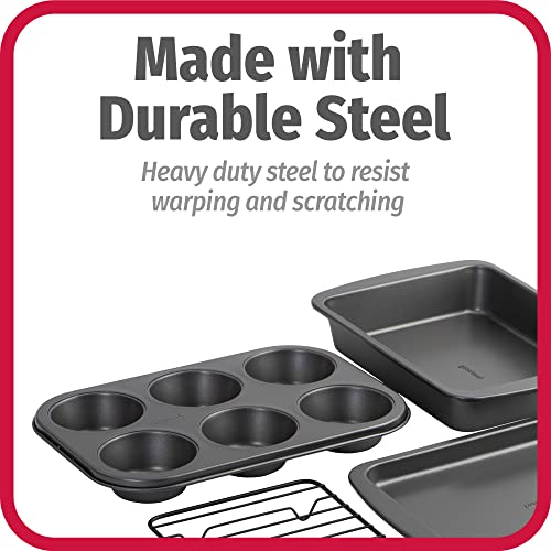 GoodCook 4-Piece Nonstick Steel Toaster Oven Set with Sheet Pan, Rack, Cake Pan, and Muffin Pan, Gray, 4-Piece Set Distributes Heat Evenly, Nonstick Coating, Dishwasher-Safe