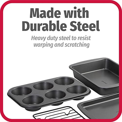 GoodCook 4-Piece Nonstick Steel Toaster Oven Set with Sheet Pan, Rack, Cake Pan, and Muffin Pan, Gray, 4-Piece Set Distributes Heat Evenly, Nonstick Coating, Dishwasher-Safe