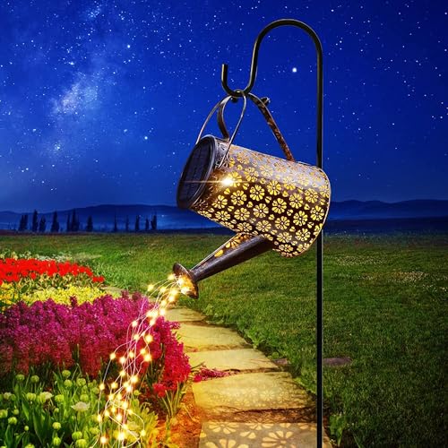 Outdoor Solar Watering Can with Lights Garden Decor Large Solar Powered Lanterns Hanging Waterproof LED Decorative Retro Metal Kettle String Lights for Table Yard Pathway Walkway Gardening Gifts