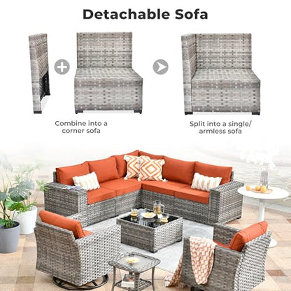 ovios 9 Pieces Patio Furniture Set, Outdoor Wicker Sectional Sofa Couch with 2 Swivel Chairs Coffee Table, Modern Modular Deep Seat Rattan Conversation Sets, Orange Red