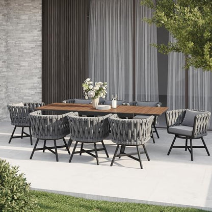 Grand patio 9-Piece Outdoor Dining Set for 8, Patio Dining Furniture Set for 8 Swivel Rope Wicker Chairs & 1 Extendable Rectangular Dining Table, Dark Grey